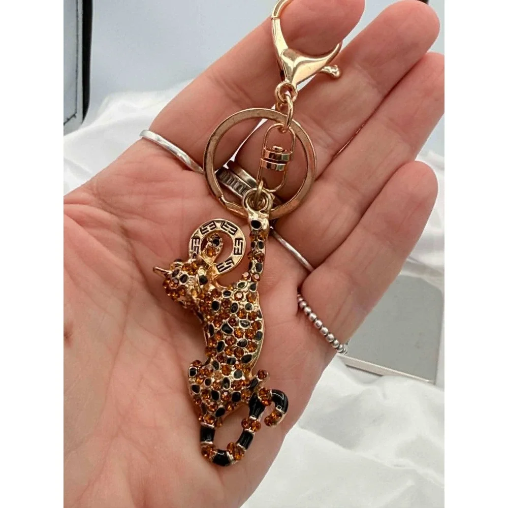 Effy Gold Tone Rhinestone Leopard Keychain Bag Charm